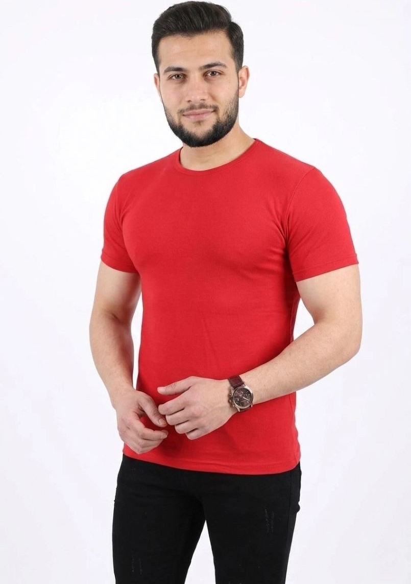 Fantastik Store Erkek Basic Tişört Bisiklet Yaka Kısa Kol Günlük Yazlık Slim Fit T-Shirt - Kırmızı