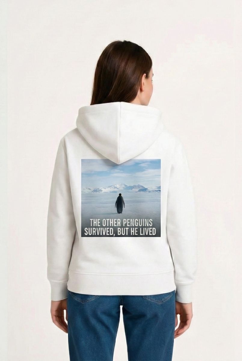 Fantastik Store Kadın 3 Iplik Pamuklu Kapüşonlu Hoodie Sweatshirt Survivor Penguen Baskılı - Beyaz görsel 2