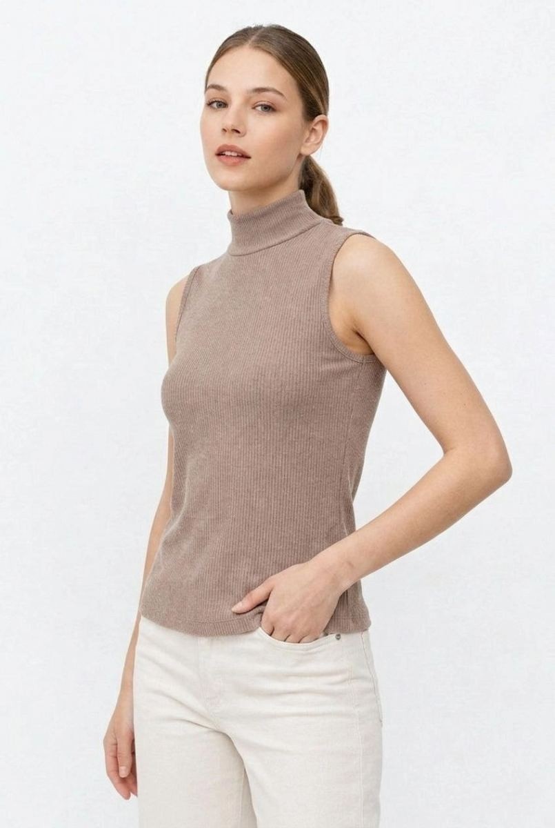 Fantastik Store Kadın Yarım Balıkçı Yaka Fitilli Kaşkorse Atlet Basic Şık Badi - Bej görsel 4