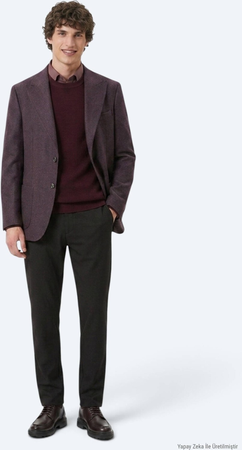 Kip Bordo Desenli Modern Fit Yün Karışımlı Örme Ceket görsel 3
