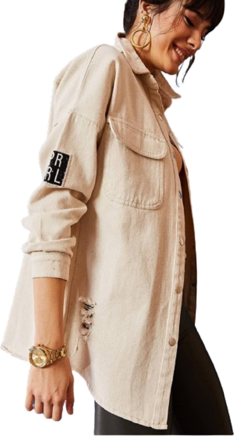 Esb Design Kadın Bej Armalı Boyfriend Oversize Eskitmeli Denim Jeans Kot Ceket görsel 3