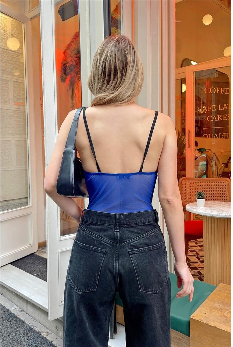 Swist Saks Mavisi Transparan Askılı Tül Detay Kadın Body Suit görsel 5