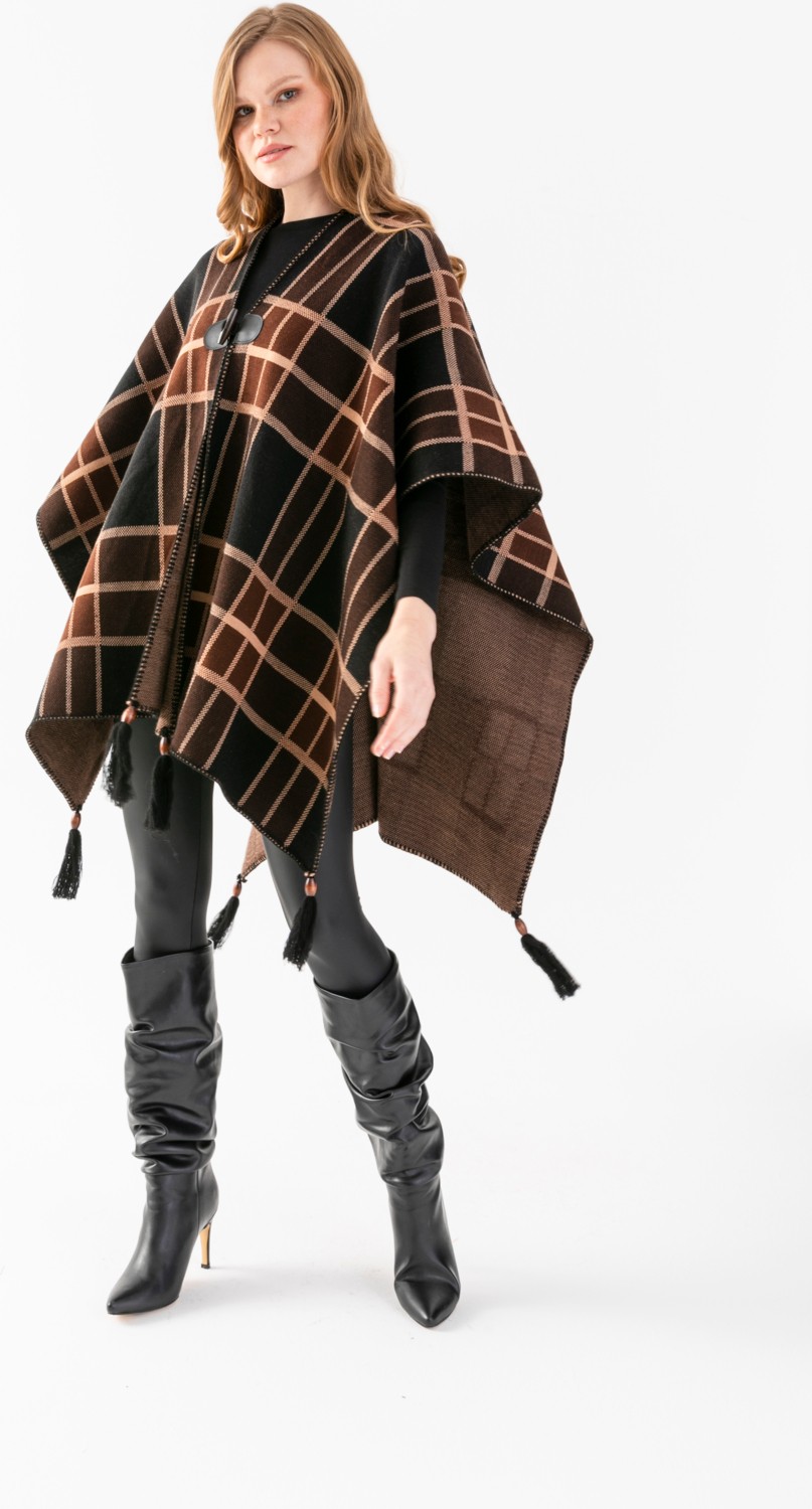 Wega Moda Çizgili Desenli Panço, Balıkçı Dikişli Düğme Detaylı Panço, Dış Giyim Panço, Triko Örğü Şık Panço görsel 6