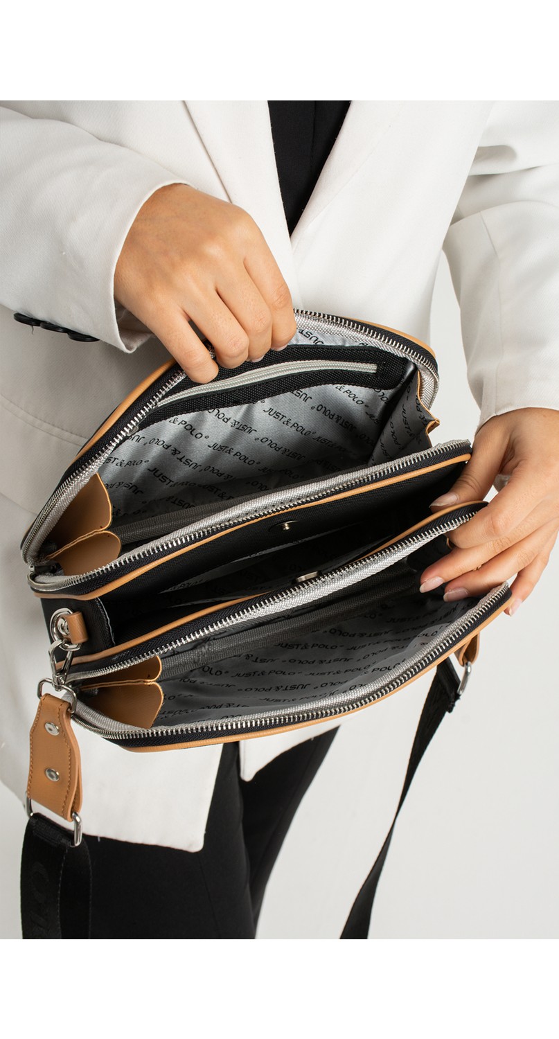 Just Polo Kadın Siyah 5 Bölmeli Ayarlanabilir Uzun Askılı Omuz Çantası Postacı Çantası 6 Bölmeli 28 X18 cm 4023-GD görsel 2