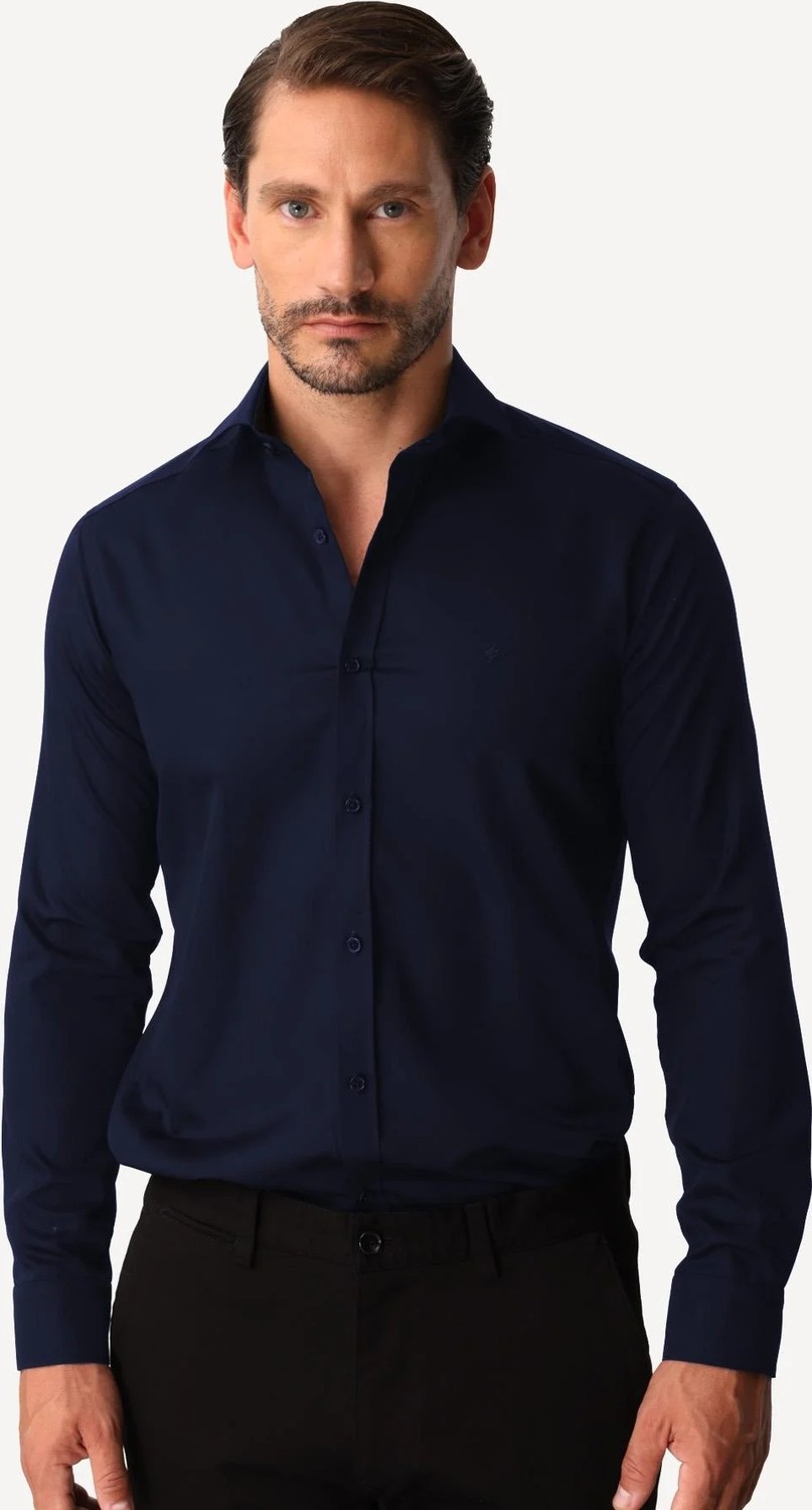 İGS Lacivert Slim Fit Dar Kalıp Klasik Yaka Düz Uzun Kollu Cepsiz %100 Pamuk Non Iron Ütü Istemeyen Gömlek