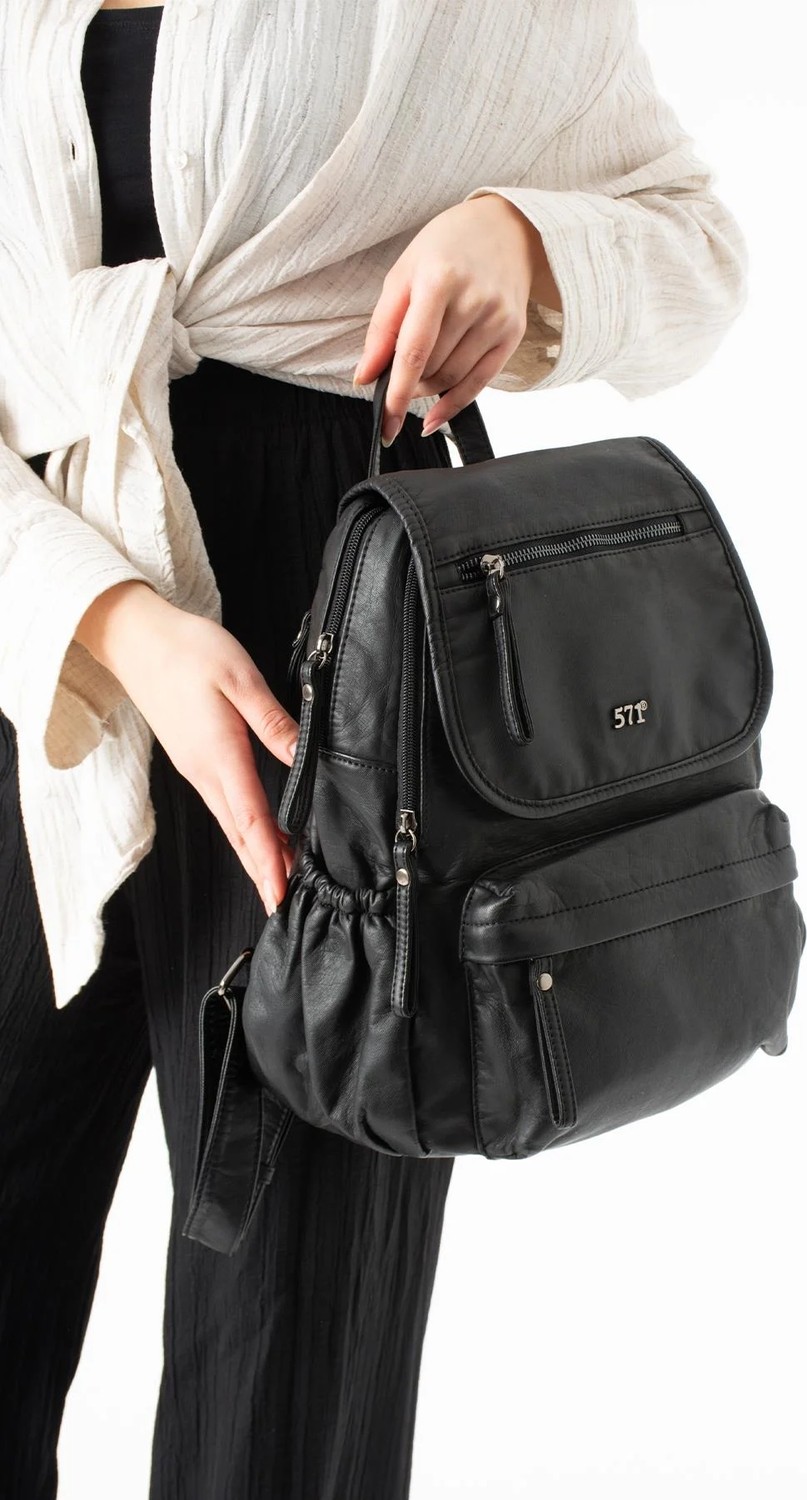 571 Collections Çanta Yıkanmış Deri Sırt Çantası Siyah Model: (571-14-11M) görsel 2