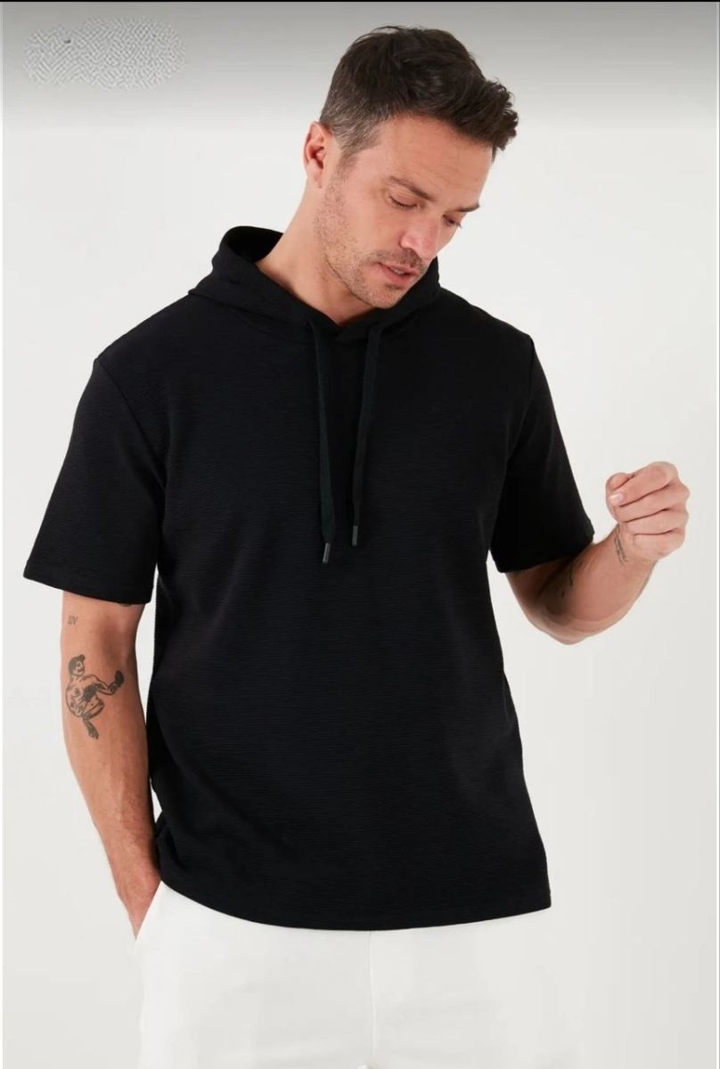 Fantastik Store Erkek Kapüşonlu Tişört Kısa Kol Düz Oversize T-Shirt - Siyah görsel 2