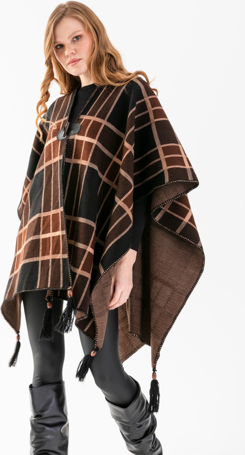Wega Moda Çizgili Desenli Panço, Balıkçı Dikişli Düğme Detaylı Panço, Dış Giyim Panço, Triko Örğü Şık Panço görsel 8