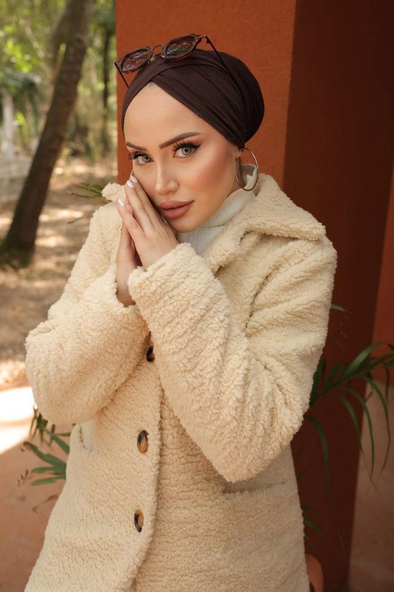 Hafsa Mina Kruvaze Yaka Peluş Mont Krem HM2507 görsel 3