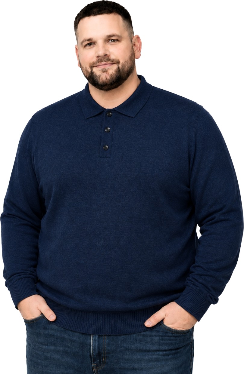 Battal Moda Erkek Büyük Beden Melanj Lacivert Düğmeli Polo Yaka Triko Kazak 3xl-4xl-5xl-6xl
