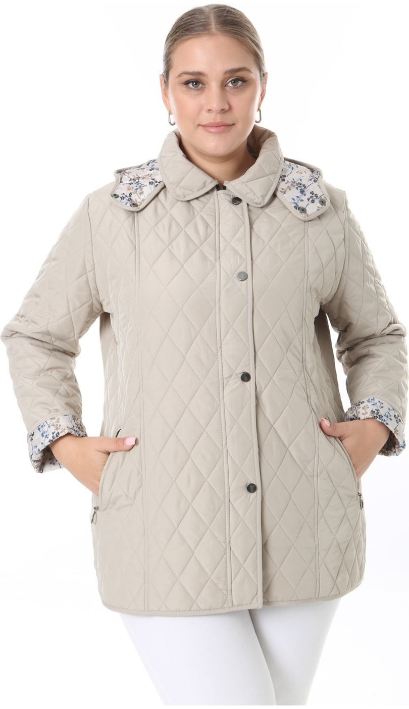 TUTveAL Collection Kapitone Mont, Büyük Beden Mont, Baharlık, Büyük Beden Ceket, Kapüşonlu, Suya Dayanıklı Mont,krem görsel 5