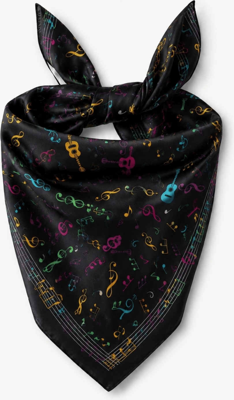 Walkenzo Nota ve Gitar Desenli %100 Pamuklu Çok Amaçlı Bandana Fular görsel 5