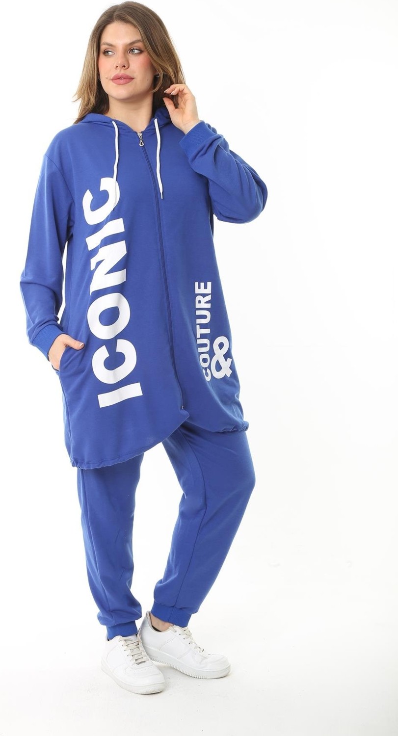 Şans Kadın Büyük Beden Gri Baskı ve Fermuar Detaylı Kapşonlu Sweatshirt Pantolon Takım 65N37128 görsel 3