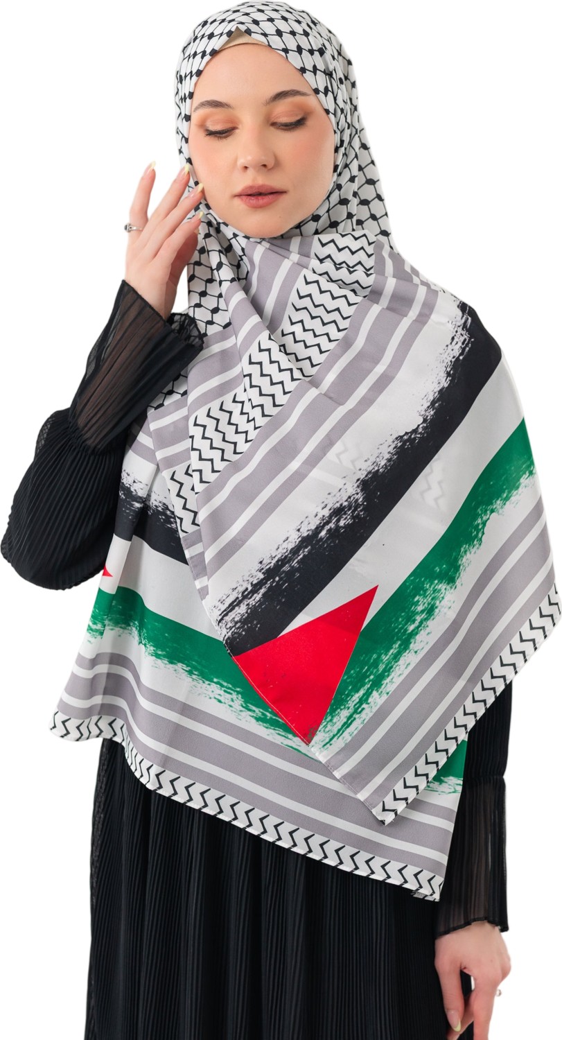 Zaytoon Şal Filistin Kefiye Puşi Gri Çizgili Püskülsüz Unisex Kadın Şal 70x170 cm