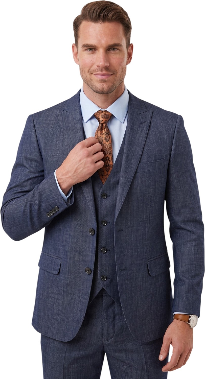 Deepsea Koyu Lacivert 3 Parça Slim Fit Yelekli Erkek Takım Elbise, Çift Yırtmaçlı Modern Kesim 2601631