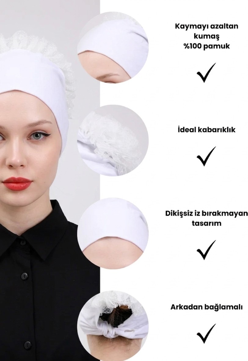 Alivascarf Fırfırlı Dikişsiz Penye Bone Ekru - Kadın Tesettür Bağlamalı Topuz Iç Bone Kırık Beyaz görsel 5