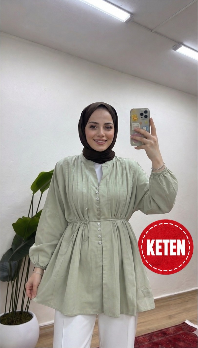 Moonsc Kadın Rahat Kalıp Nervürlü Bordo Keten Tesettür Gömlek