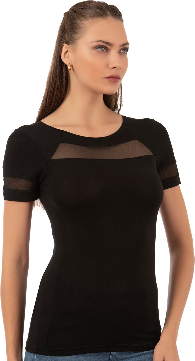 Özkan Underwear Özkan 26983 Kadın Premium Yumuşak Rahat Kumaş Ring Viskon Bisiklet Yaka Tül Detaylı Kısa Kollu Örme Bluz görsel 4