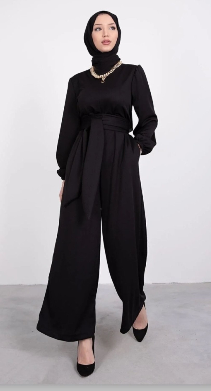Moda Ulu Geniş Kuşak Dolamalı Şık Siyah Tesettür Tulum görsel 5