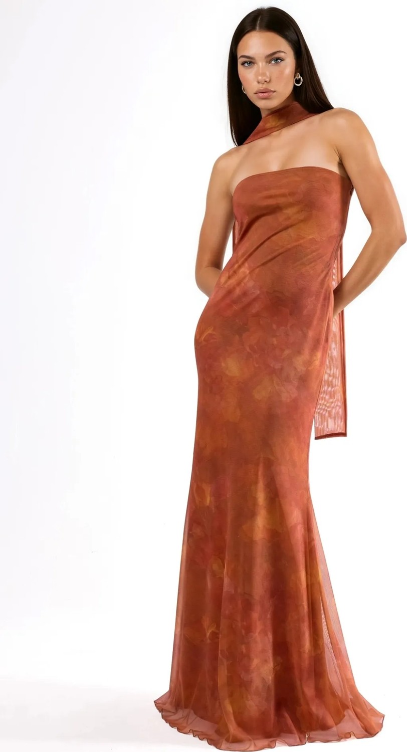 Hiccup Kadınlar Straplez Çiçek Desenli Tül Kuşaklı Bodycon Maxi Elbise Parlak Turuncu görsel 6
