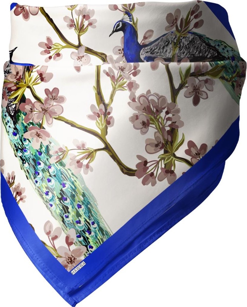 Hawwa Tavus Kuşu Desenli Çok Renkli Saten Fular Polyester Kumaş görsel 4