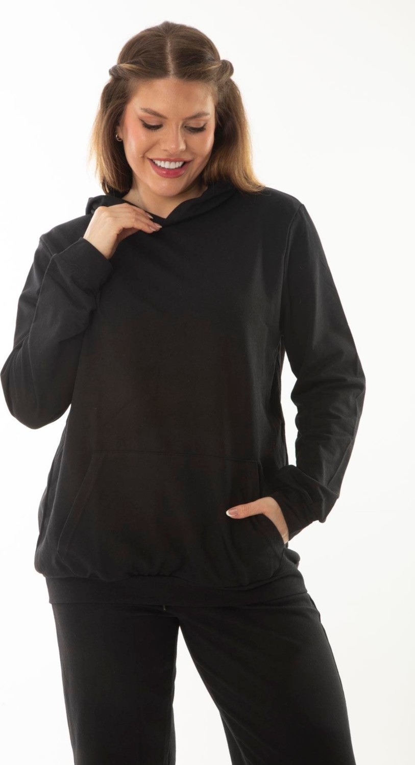 Şans Kadın Büyük Beden Siyah Kanguru Cep ve Kapşonlu Sweatshirt Pantolon Iliki Takım 65N37053 görsel 2