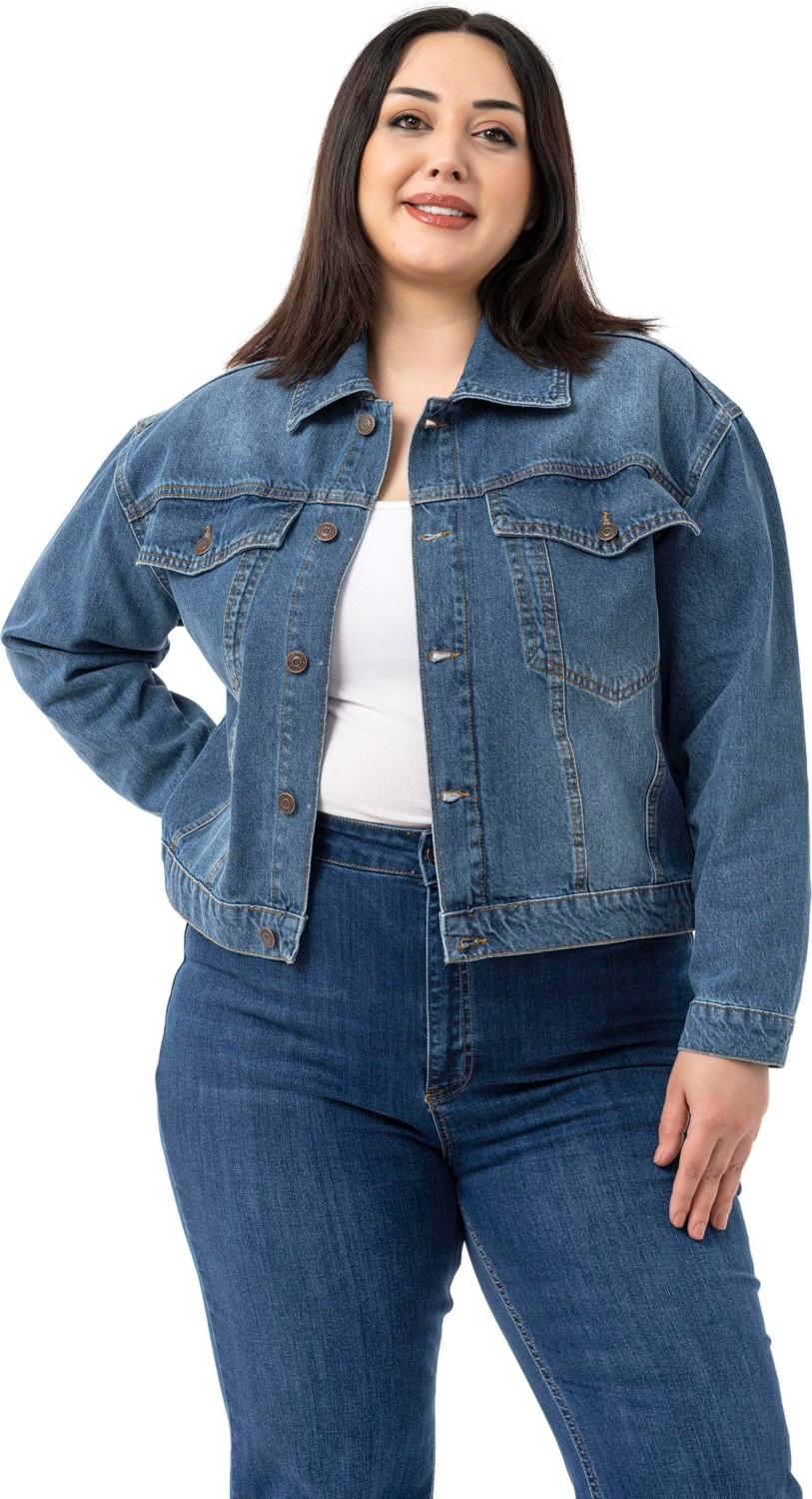 Disentis Modest Büyük Beden Göğüsten Çift Cepli Kısa Mavi Denim Ceket görsel 7