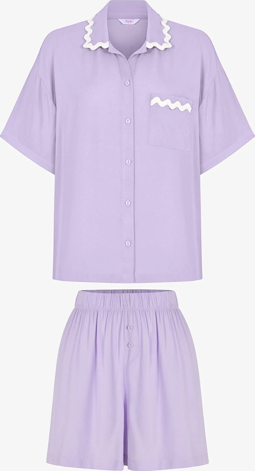 Penti Lila Ella Gömlek Dantelli Kısa Kollu Şort Pijama Takımı görsel 5
