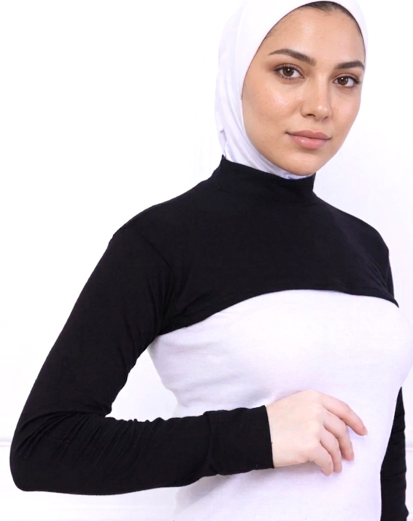 Alivascarf Balıkçı Yaka Boyunluklu Kolluk Siyah - Likralı Dik Yakalı Kadın Body Tesettür Crop Bolero görsel 4
