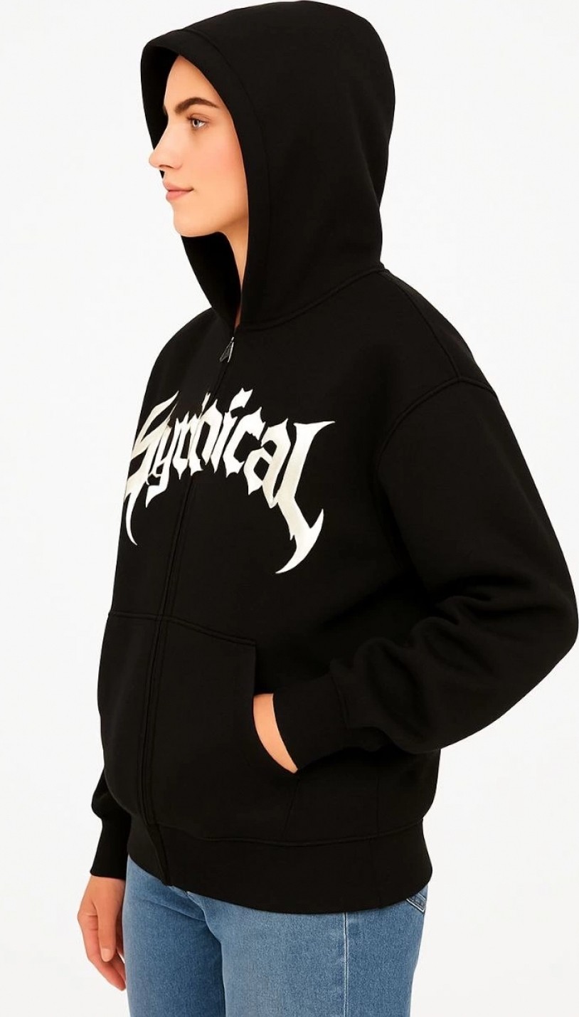 Pileli Store Oversize Kapüşonlu Sweatshirt Hoodie 3 Iplik Şardonlu Pamuklu Kumaş, Önü Baskılı, Fermuarlı Rahat Kalıp, Kışlık ve Sokak Stili Sweat - Siyah görsel 2