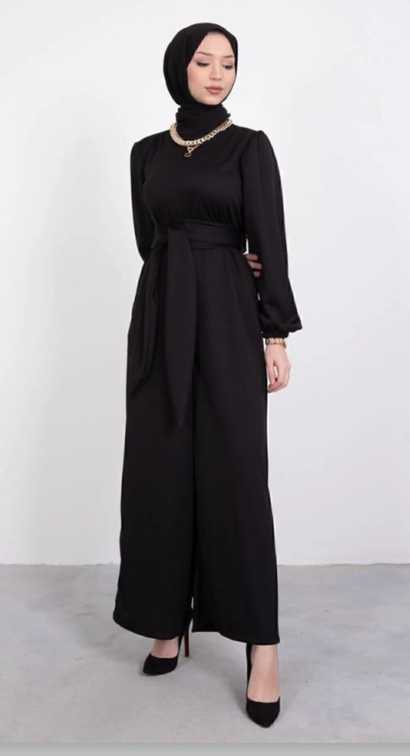 Moda Ulu Geniş Kuşak Dolamalı Şık Siyah Tesettür Tulum görsel 4