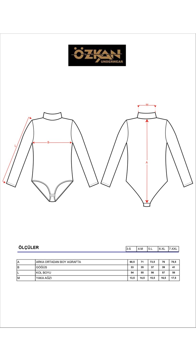 Özkan Underwear 0614 Kadın Penye Likralı Pamuklu Balıkçı Dik Yaka Uzun Kollu Kancalı Çıtçıtlı Örme Body görsel 5