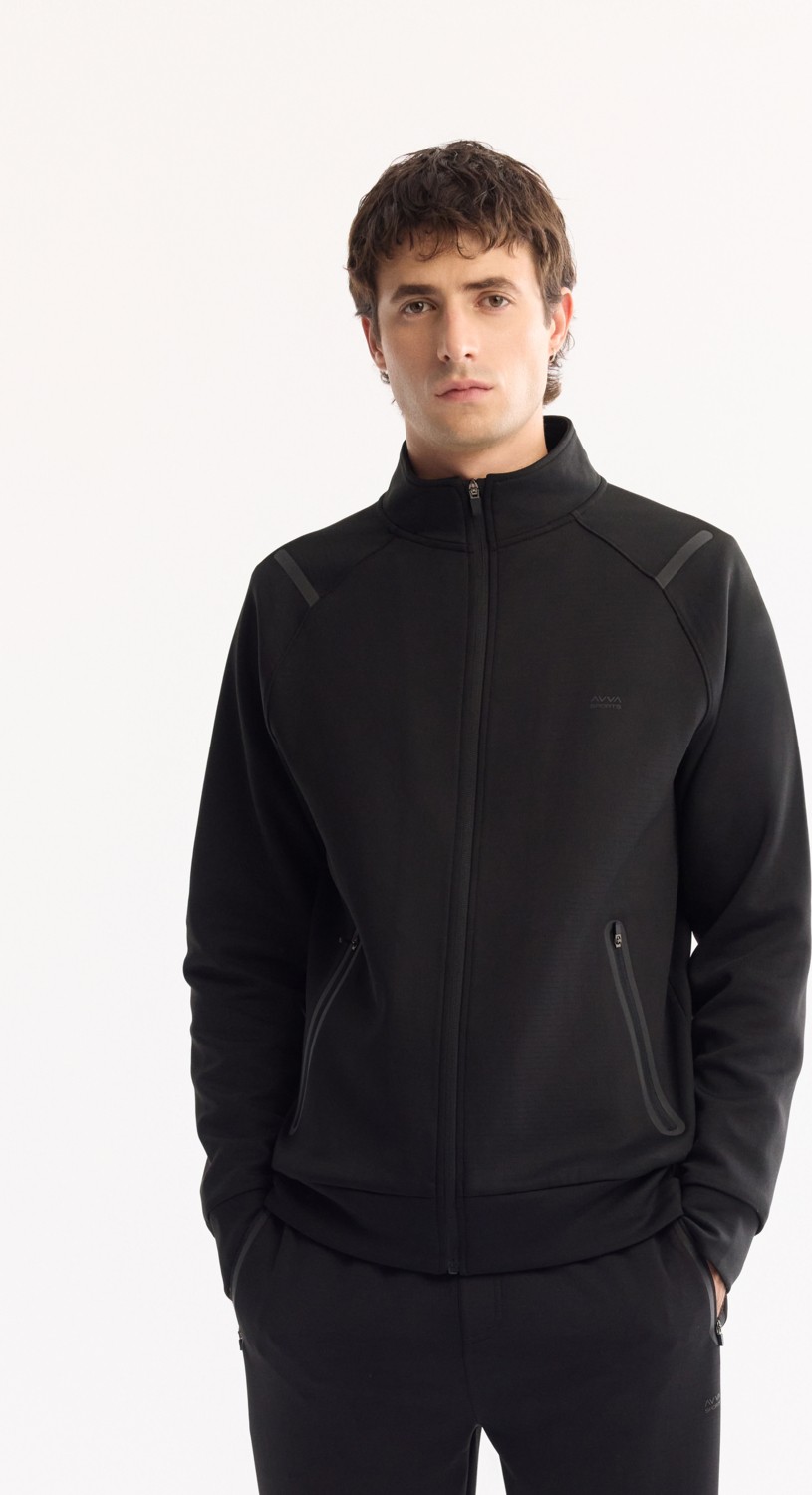 AVVA Erkek Siyah Dik Yaka Fermuarlı Bi-Stretch Teknik Kumaş Regular Fit Sweatshirt A52Y1335 görsel 8