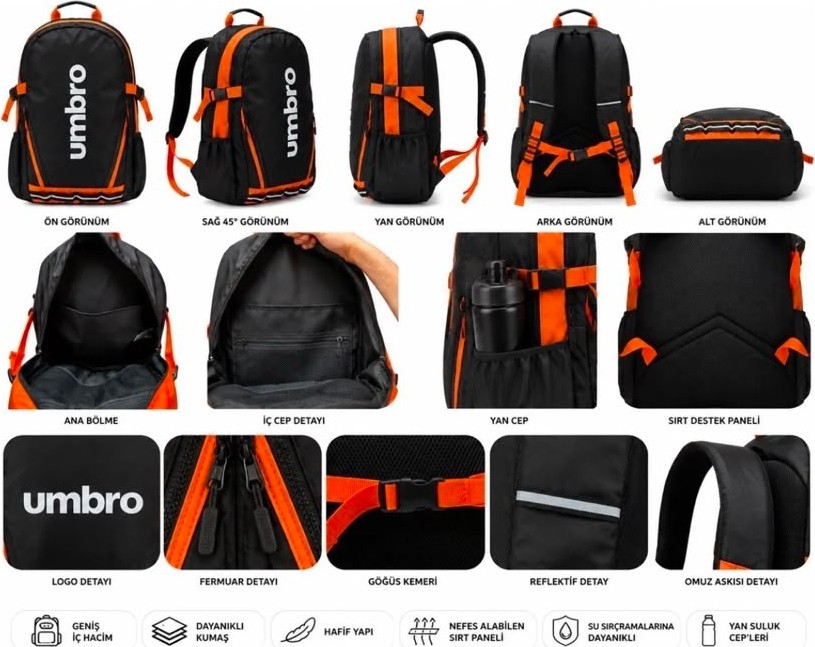 Umbro Cleo Backpack Siyah/turuncu Su Itici, Reflektörlü Spor Sırt Çantası, Okul Çantası - TT0044 görsel 7