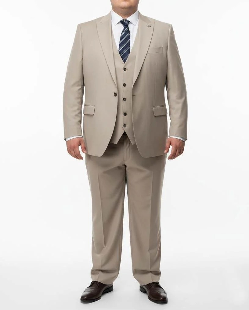 Italyan Stil Battal Ceket Yelek Pantolon Takım Elbise Bej T12153 görsel 2