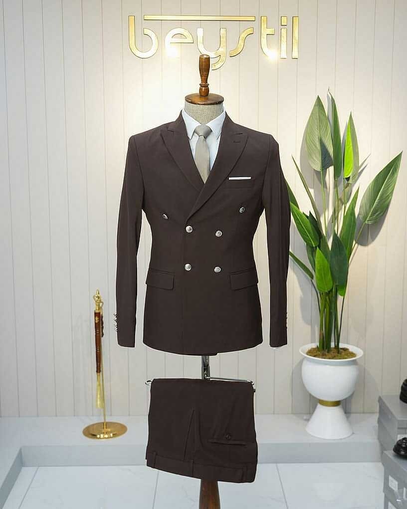 Beystil Sivri Yaka Kahve Kruvaze Takım Elbise Nikol - Slim Fit