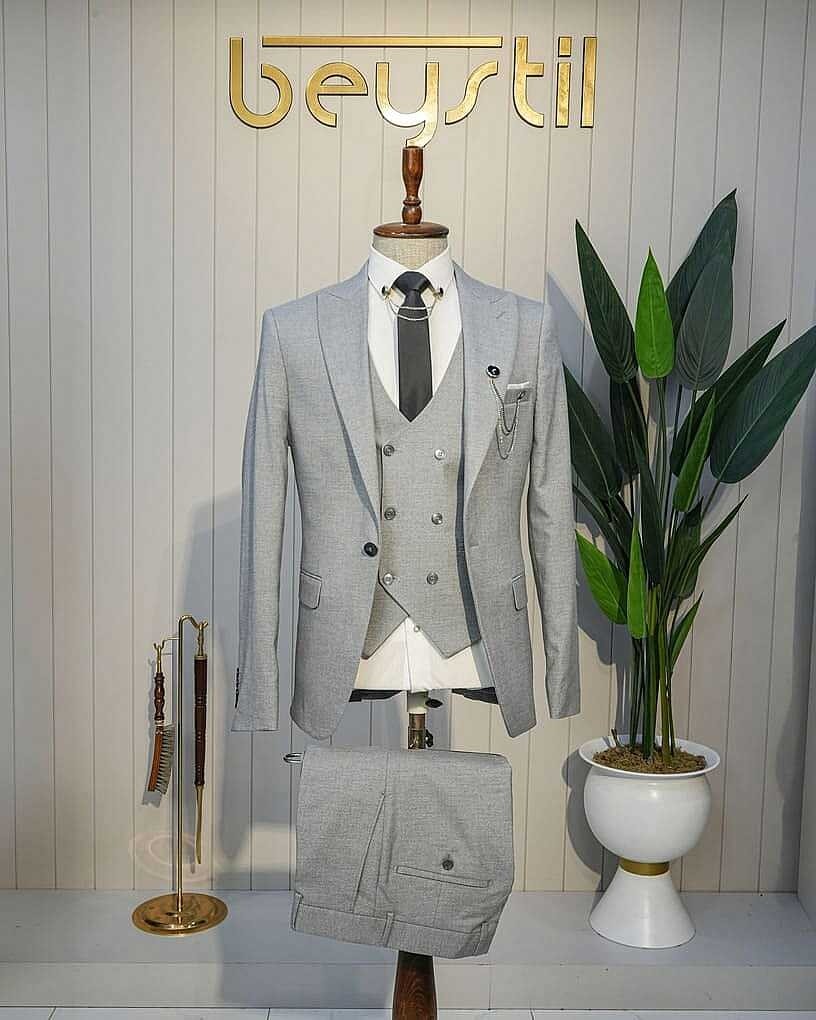 Beystil Sivri Yaka Gri Yelekli Takım Elbise Nikol - Slim Fit