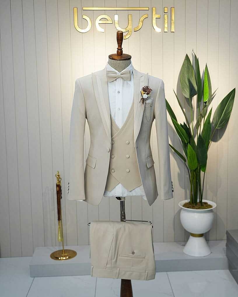 Beystil Erkek Krem Slimfit Yelekli Damatlık & Smokin 20103