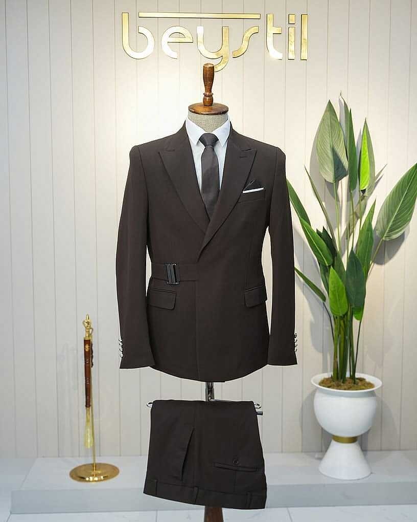 Beystil Erkek Kahve Slimfit Beli Tokalı Takım Elbise