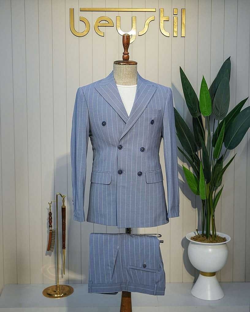 Beystil Sivri Yaka Mavi Çizgili Kruvaze Takım Elbise 53151 - Slim Fit