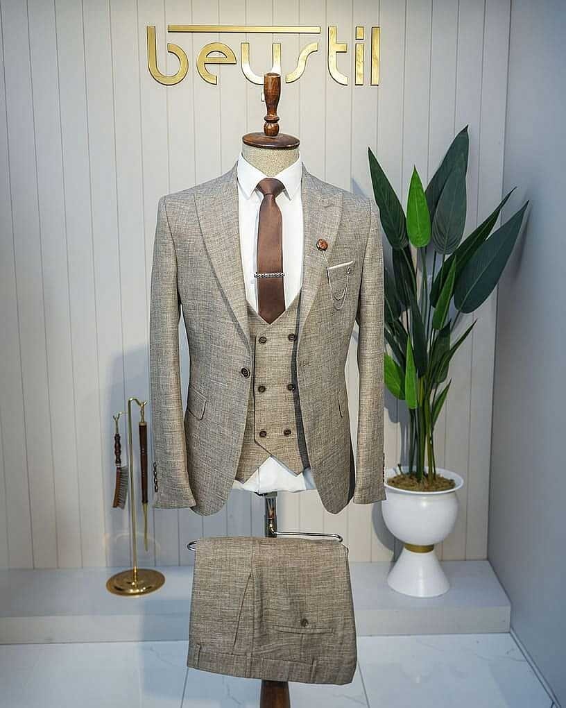 Beystil Sivri Yaka Kahve Yelekli Kırçıllı Takım Elbise Storm- Slim Fit