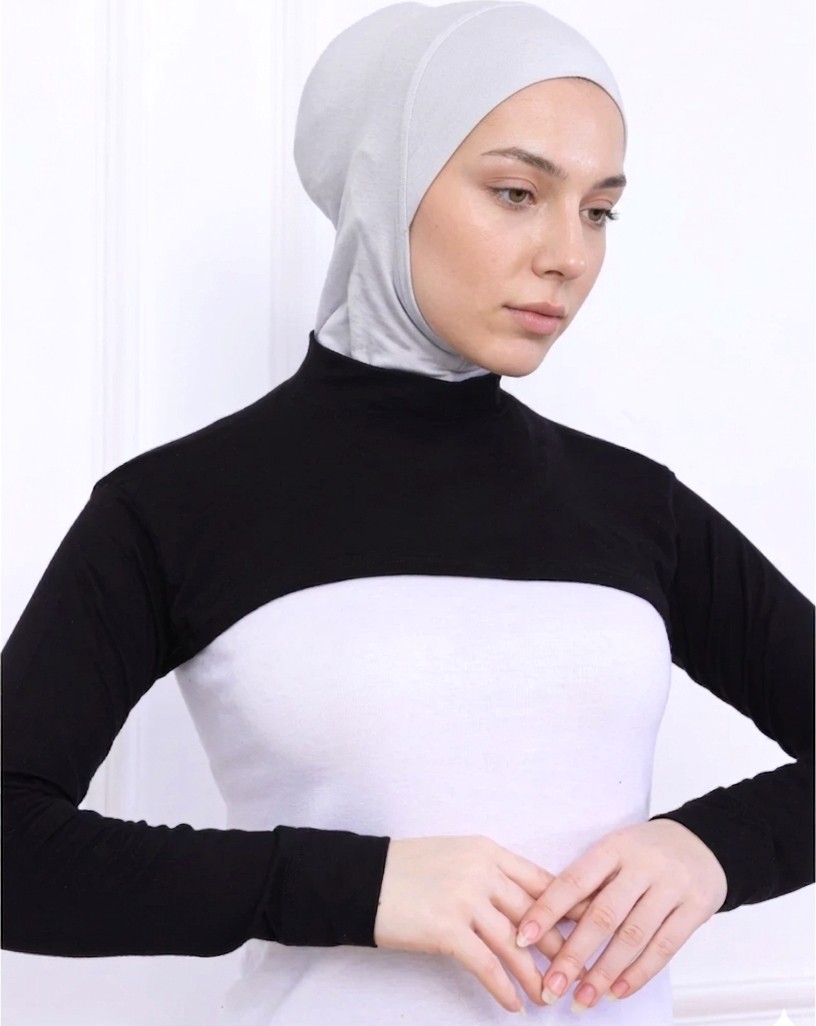 Alivascarf Balıkçı Yaka Boyunluklu Kolluk Siyah - Likralı Dik Yakalı Kadın Body Tesettür Crop Bolero görsel 3