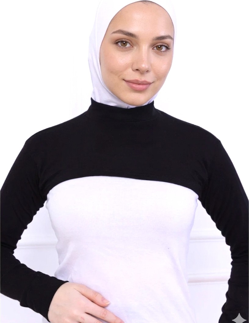 Alivascarf Balıkçı Yaka Boyunluklu Kolluk Siyah - Likralı Dik Yakalı Kadın Body Tesettür Crop Bolero görsel 2