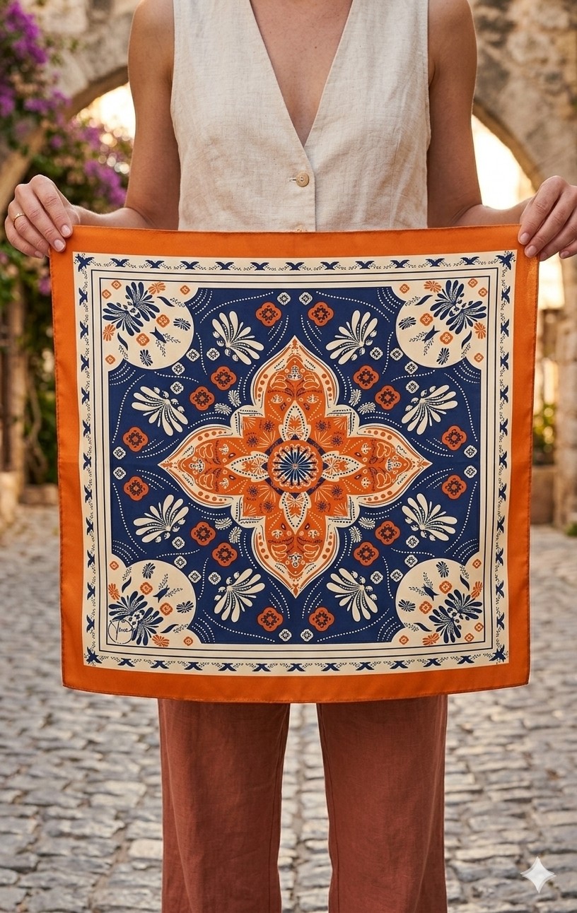 Dipol Butik Turuncu ve Lacivert Etnik Desenli Kare Saten Bandana Fular 50X50 cm