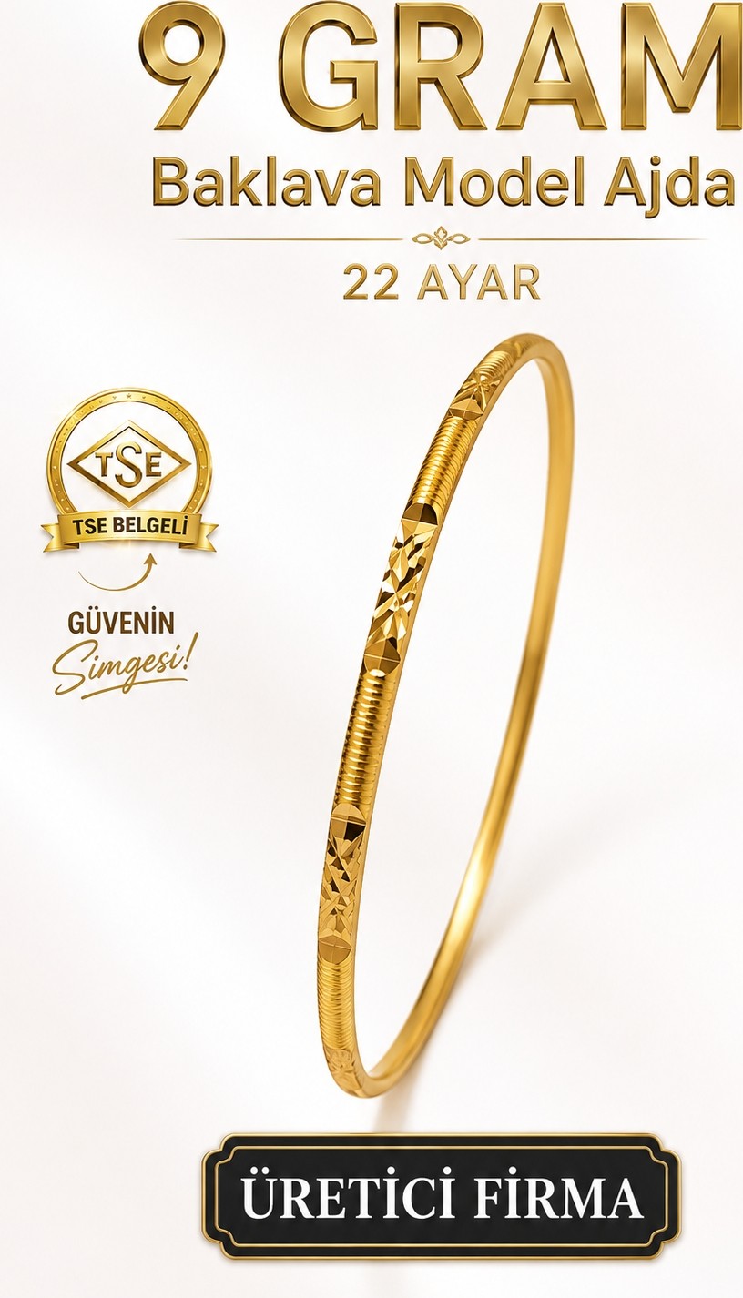 Aks Gold 22 Ayar TSE Belgeli (9 GRAM) Baklava Model Ajda Altın Bilezik Gold Düğün