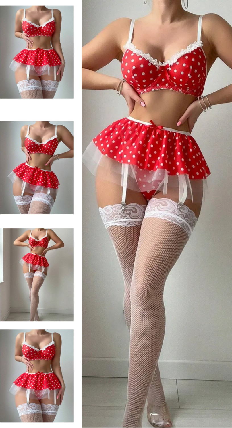 Secret Moda Seksi Pitikare Kırmızı Ekose Beyaz Önlüklü Lüks Tasarım Boyun Bağlamalı Fantezi Kostüm Jartiyer