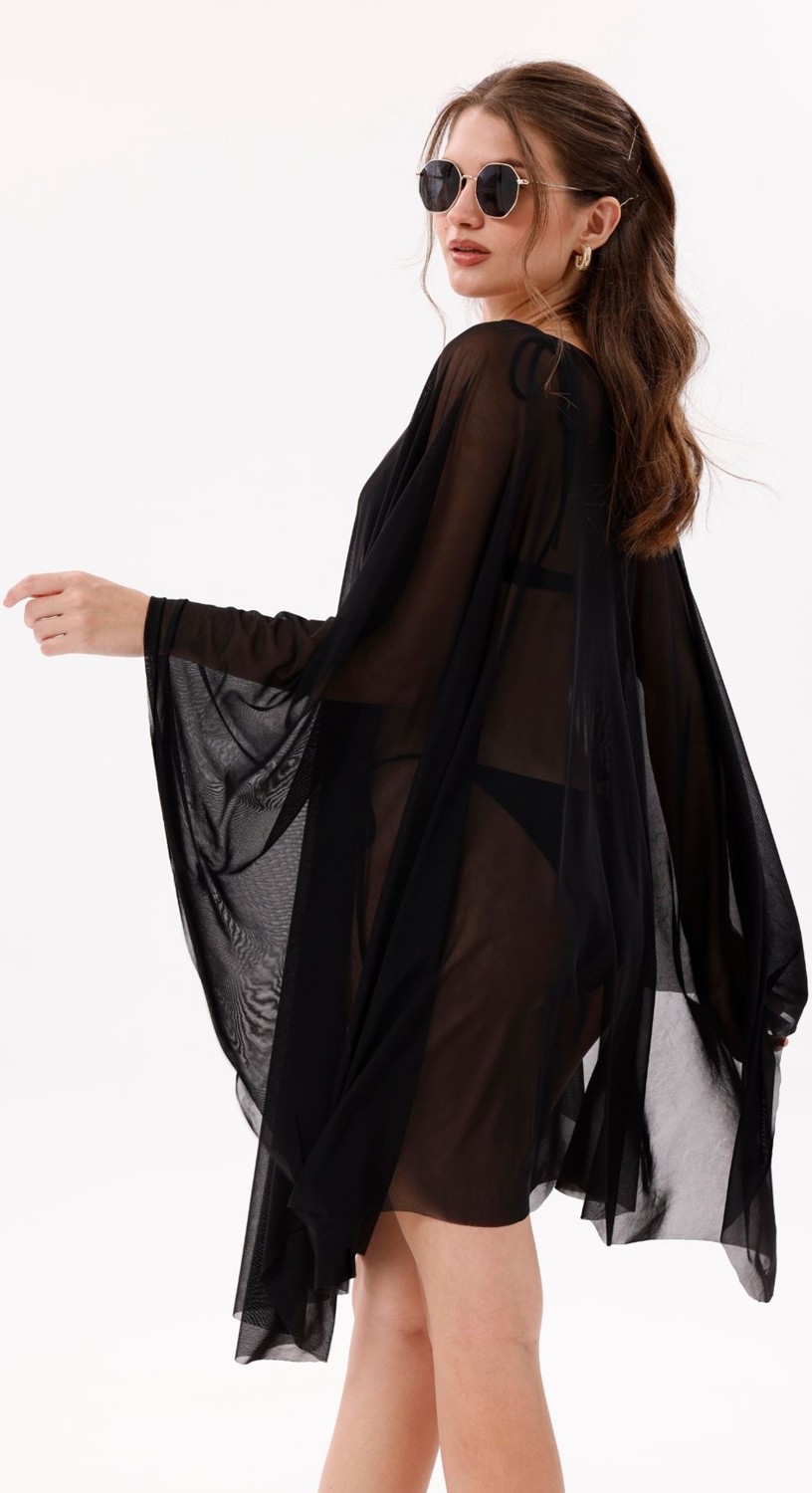 Tarzını Seç Kısa Kimono Pareo - Tesettür Pareo - Esnek Likralı Tül Siyah 180X135 cm görsel 6