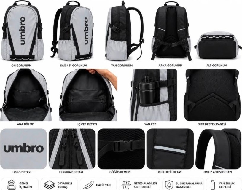 Umbro Yuki Backpack Gri Su Itici, Reflektörlü Spor Sırt Çantası, Okul Çantası - TT0022 görsel 8