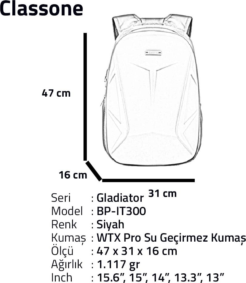 Die Grup Classone BP-IT300 Gladiator Serisi 15.6" Uyumlu Notebook Çantası - Siyah görsel 3