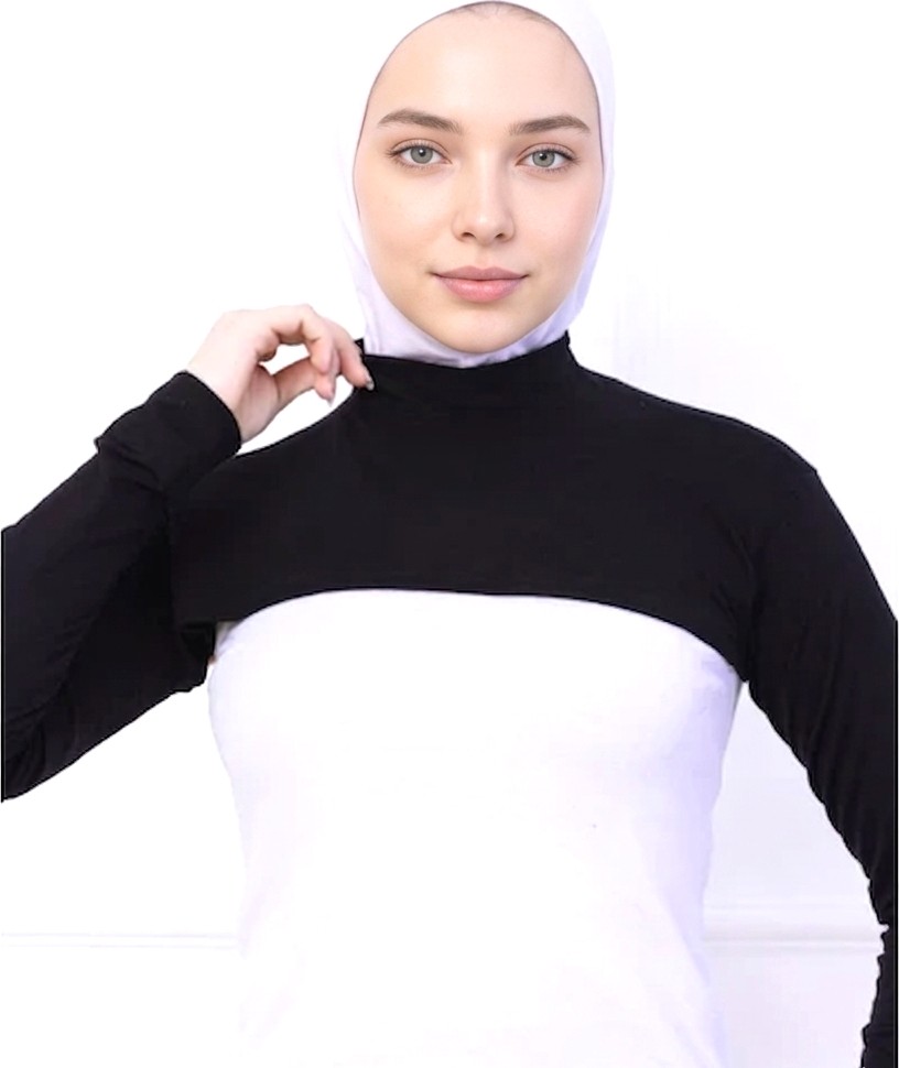 Alivascarf Balıkçı Yaka Boyunluklu Kolluk Siyah - Likralı Dik Yakalı Kadın Body Tesettür Crop Bolero